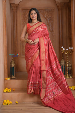 Shubh Lakshmi ~ Handloom Pure Silk Ikkat Patola Saree in Bright Red (Silk Mark Certified) - verymuchindian.com
