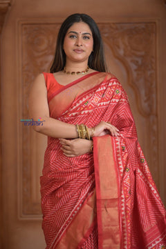 Shubh Lakshmi ~ Handloom Pure Silk Ikkat Patola Saree in Bright Red (Silk Mark Certified) - verymuchindian.com