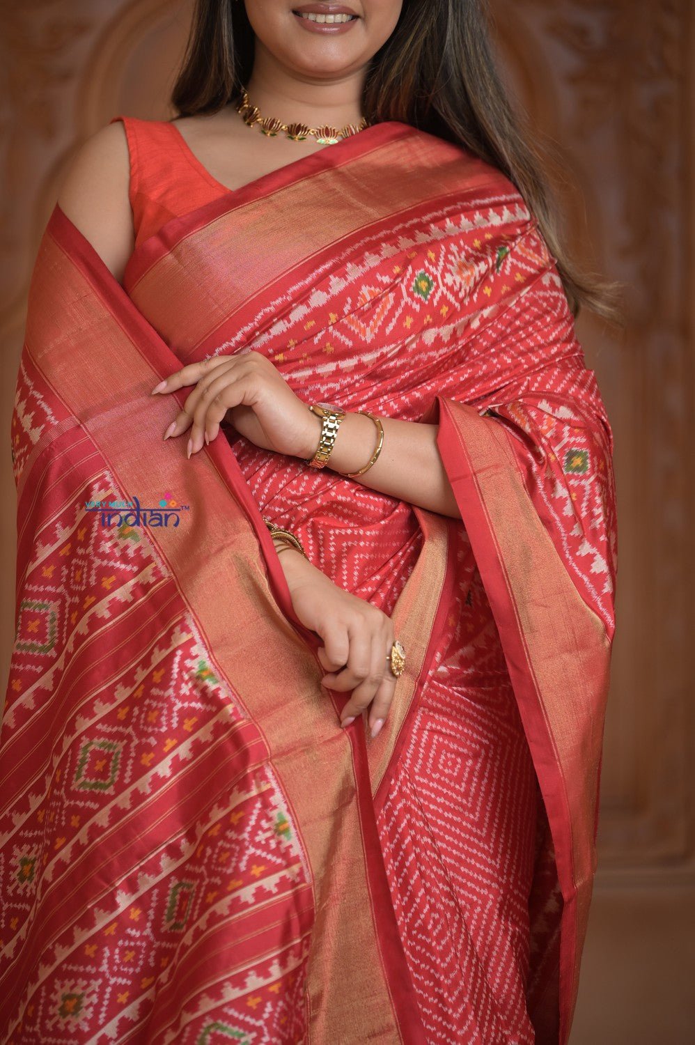 Shubh Lakshmi ~ Handloom Pure Silk Ikkat Patola Saree in Bright Red (Silk Mark Certified) - verymuchindian.com