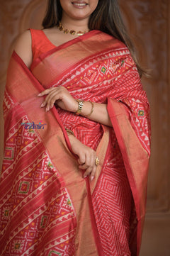 Shubh Lakshmi ~ Handloom Pure Silk Ikkat Patola Saree in Bright Red (Silk Mark Certified) - verymuchindian.com