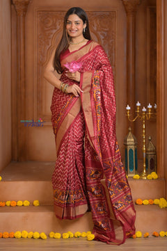 Shubh Lakshmi ~ Handloom Pure Silk Ikkat Patola Saree in Crimson Red (Silk Mark Certified) - verymuchindian.com