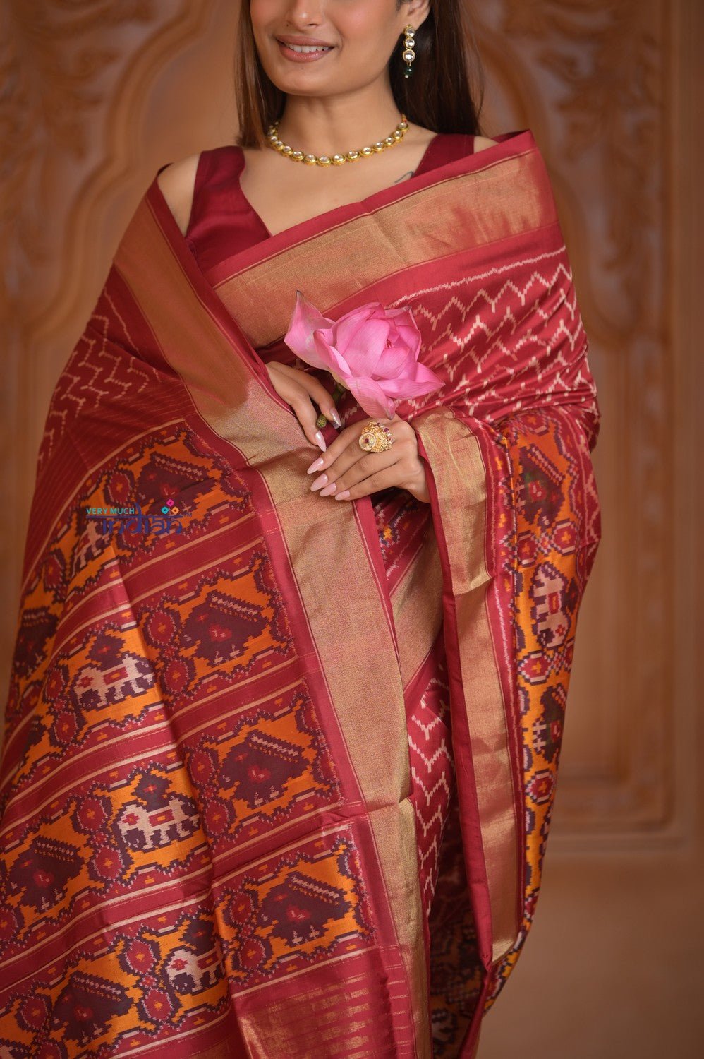 Shubh Lakshmi ~ Handloom Pure Silk Ikkat Patola Saree in Crimson Red (Silk Mark Certified) - verymuchindian.com
