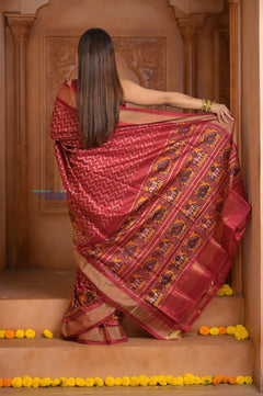 Shubh Lakshmi ~ Handloom Pure Silk Ikkat Patola Saree in Crimson Red (Silk Mark Certified) - verymuchindian.com