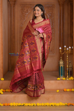 Shubh Lakshmi ~ Handloom Pure Silk Ikkat Patola Saree in Crimson Red (Silk Mark Certified) - verymuchindian.com