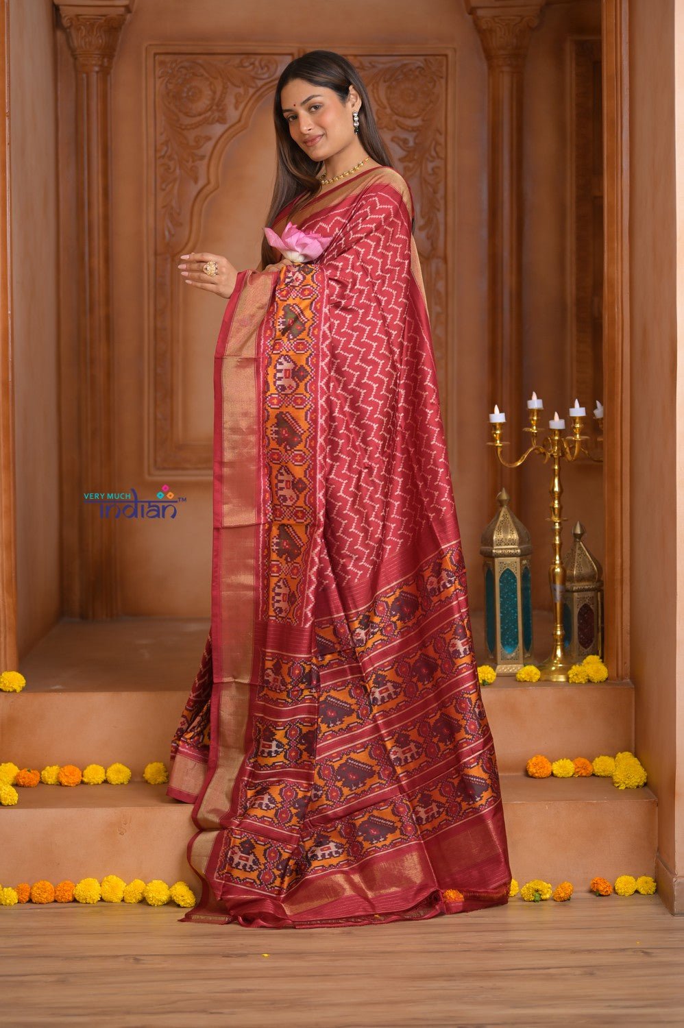 Shubh Lakshmi ~ Handloom Pure Silk Ikkat Patola Saree in Crimson Red (Silk Mark Certified) - verymuchindian.com