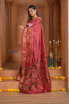 Shubh Lakshmi ~ Handloom Pure Silk Ikkat Patola Saree in Crimson Red (Silk Mark Certified) - verymuchindian.com