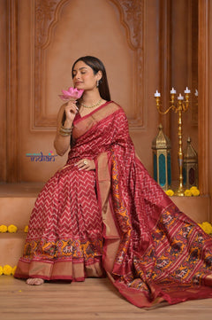 Shubh Lakshmi ~ Handloom Pure Silk Ikkat Patola Saree in Crimson Red (Silk Mark Certified) - verymuchindian.com