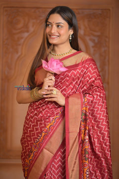 Shubh Lakshmi ~ Handloom Pure Silk Ikkat Patola Saree in Crimson Red (Silk Mark Certified) - verymuchindian.com