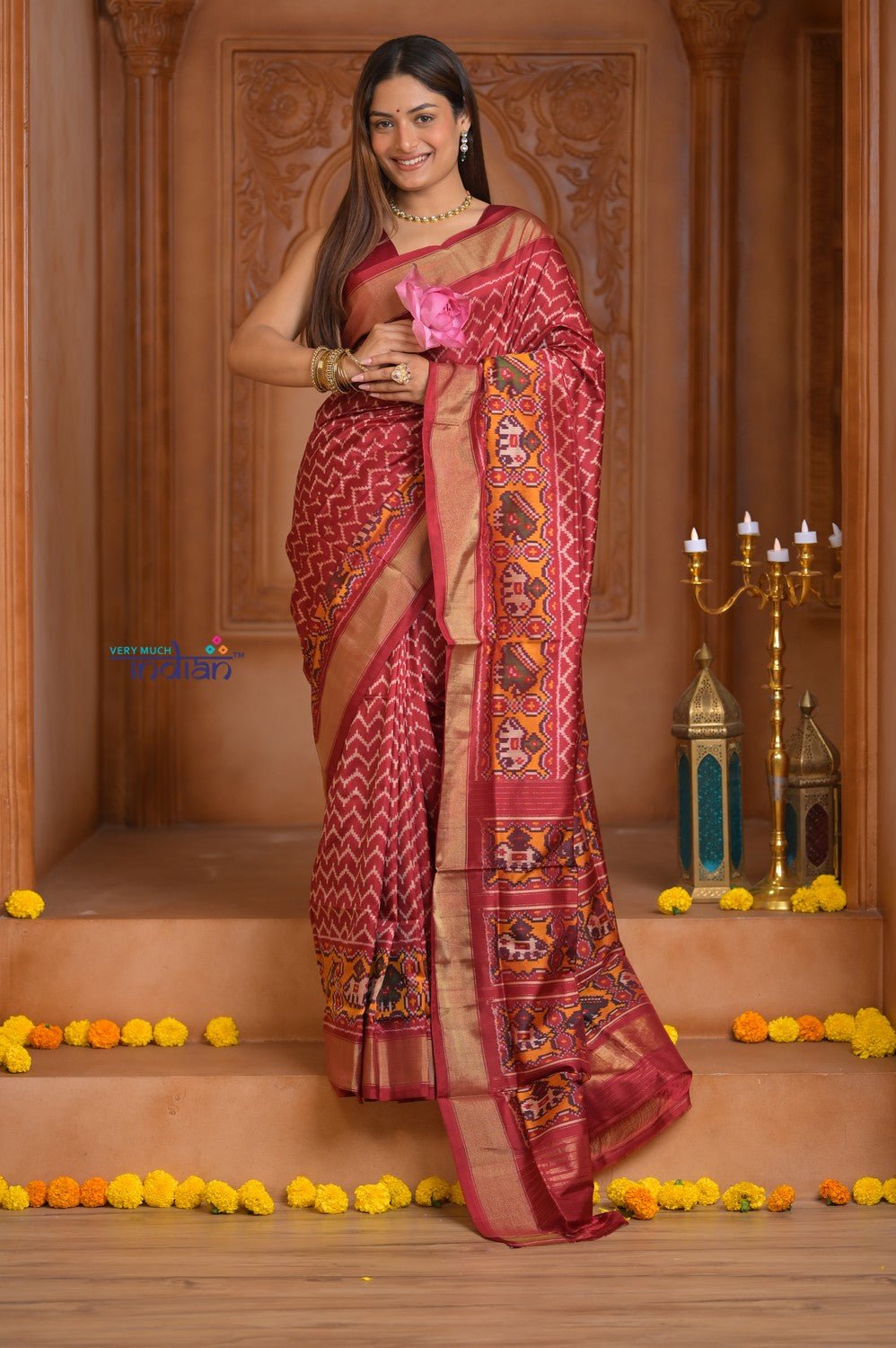 Shubh Lakshmi ~ Handloom Pure Silk Ikkat Patola Saree in Crimson Red (Silk Mark Certified) - verymuchindian.com
