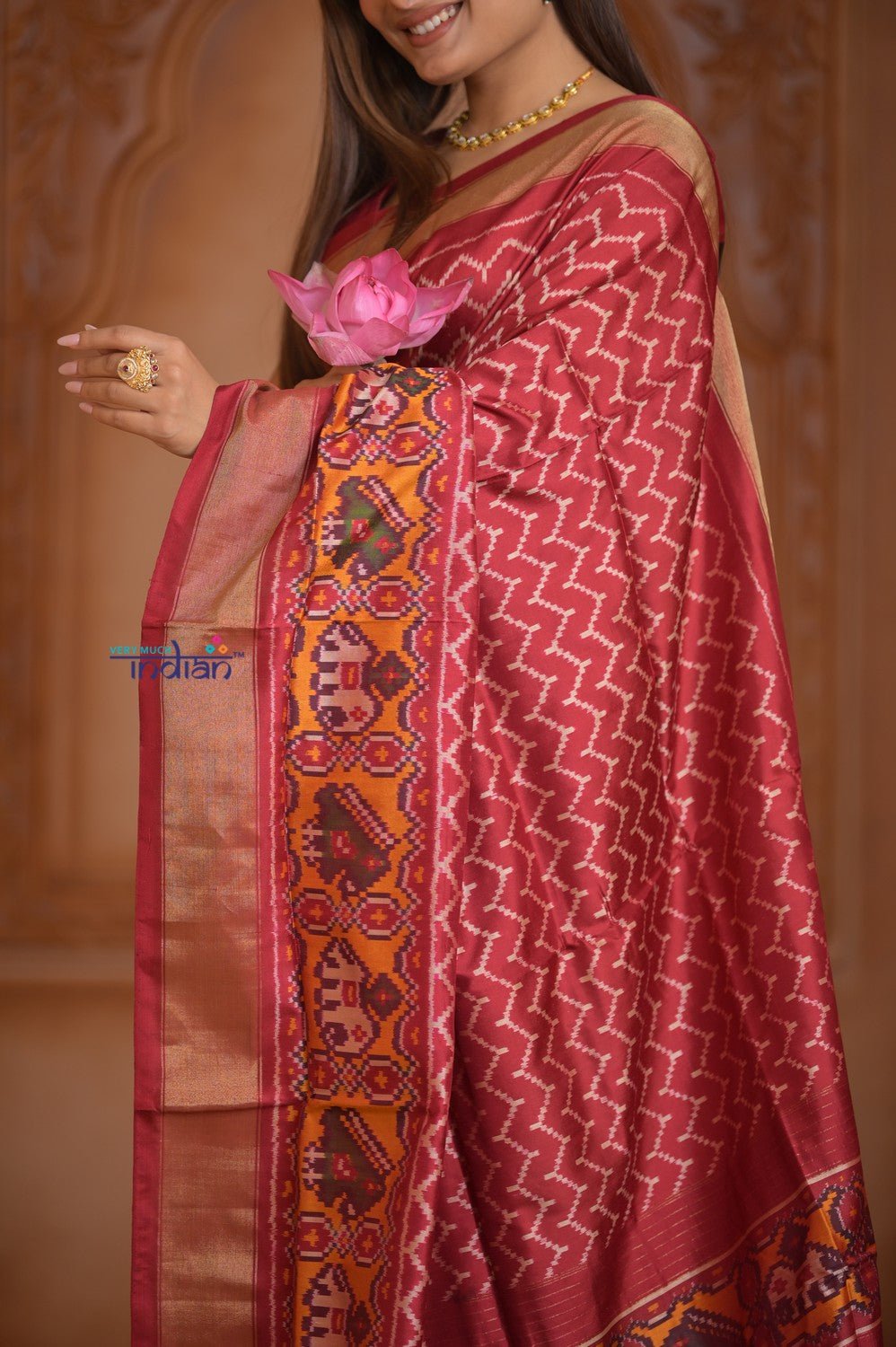 Shubh Lakshmi ~ Handloom Pure Silk Ikkat Patola Saree in Crimson Red (Silk Mark Certified) - verymuchindian.com