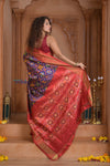 Shubh Lakshmi ~ Handloom Pure Silk Ikkat Patola Saree in Dark Blue and Red (Silk Mark Certified) - verymuchindian.com