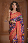 Shubh Lakshmi ~ Handloom Pure Silk Ikkat Patola Saree in Dark Blue and Red (Silk Mark Certified) - verymuchindian.com