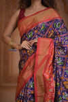 Shubh Lakshmi ~ Handloom Pure Silk Ikkat Patola Saree in Dark Blue and Red (Silk Mark Certified) - verymuchindian.com