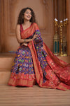 Shubh Lakshmi ~ Handloom Pure Silk Ikkat Patola Saree in Dark Blue and Red (Silk Mark Certified) - verymuchindian.com