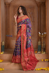 Shubh Lakshmi ~ Handloom Pure Silk Ikkat Patola Saree in Dark Blue and Red (Silk Mark Certified) - verymuchindian.com
