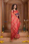 Shubh Lakshmi ~ Handloom Pure Silk Ikkat Patola Saree in Dark Blue and Red (Silk Mark Certified) - verymuchindian.com