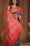 Shubh Lakshmi ~ Handloom Pure Silk Ikkat Patola Saree in Dark Blue and Red (Silk Mark Certified) - verymuchindian.com