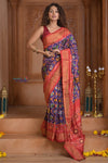 Shubh Lakshmi ~ Handloom Pure Silk Ikkat Patola Saree in Dark Blue and Red (Silk Mark Certified) - verymuchindian.com