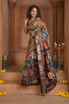 Shubh Lakshmi ~ Handloom Pure Silk Ikkat Patola Saree in Dark Brown (Silk Mark Certified) - verymuchindian.com