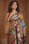 Shubh Lakshmi ~ Handloom Pure Silk Ikkat Patola Saree in Dark Brown (Silk Mark Certified) - verymuchindian.com