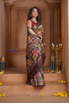 Shubh Lakshmi ~ Handloom Pure Silk Ikkat Patola Saree in Dark Brown (Silk Mark Certified) - verymuchindian.com