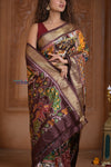 Shubh Lakshmi ~ Handloom Pure Silk Ikkat Patola Saree in Dark Brown (Silk Mark Certified) - verymuchindian.com