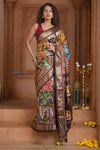 Shubh Lakshmi ~ Handloom Pure Silk Ikkat Patola Saree in Dark Brown (Silk Mark Certified) - verymuchindian.com