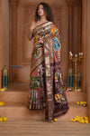 Shubh Lakshmi ~ Handloom Pure Silk Ikkat Patola Saree in Dark Brown (Silk Mark Certified) - verymuchindian.com