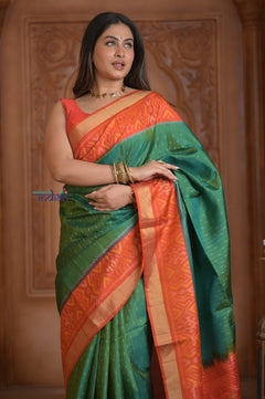 Shubh Lakshmi ~ Handloom Pure Silk Ikkat Patola Saree in Dark Green and Roughe Red (Silk Mark Certified) - verymuchindian.com