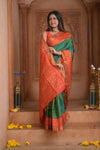 Shubh Lakshmi ~ Handloom Pure Silk Ikkat Patola Saree in Dark Green and Roughe Red (Silk Mark Certified) - verymuchindian.com