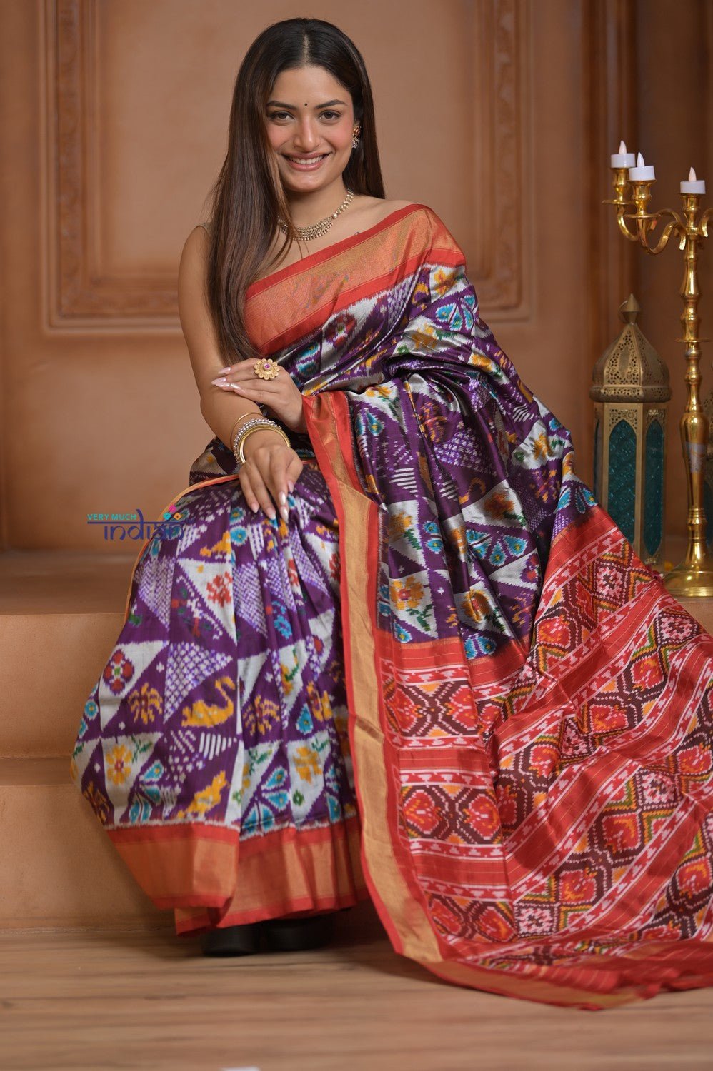 Shubh Lakshmi ~ Handloom Pure Silk Ikkat Patola Saree in Dark Purple and Red (Silk Mark Certified) - verymuchindian.com