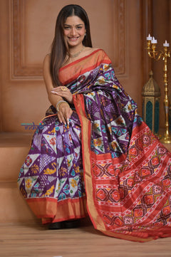 Shubh Lakshmi ~ Handloom Pure Silk Ikkat Patola Saree in Dark Purple and Red (Silk Mark Certified) - verymuchindian.com