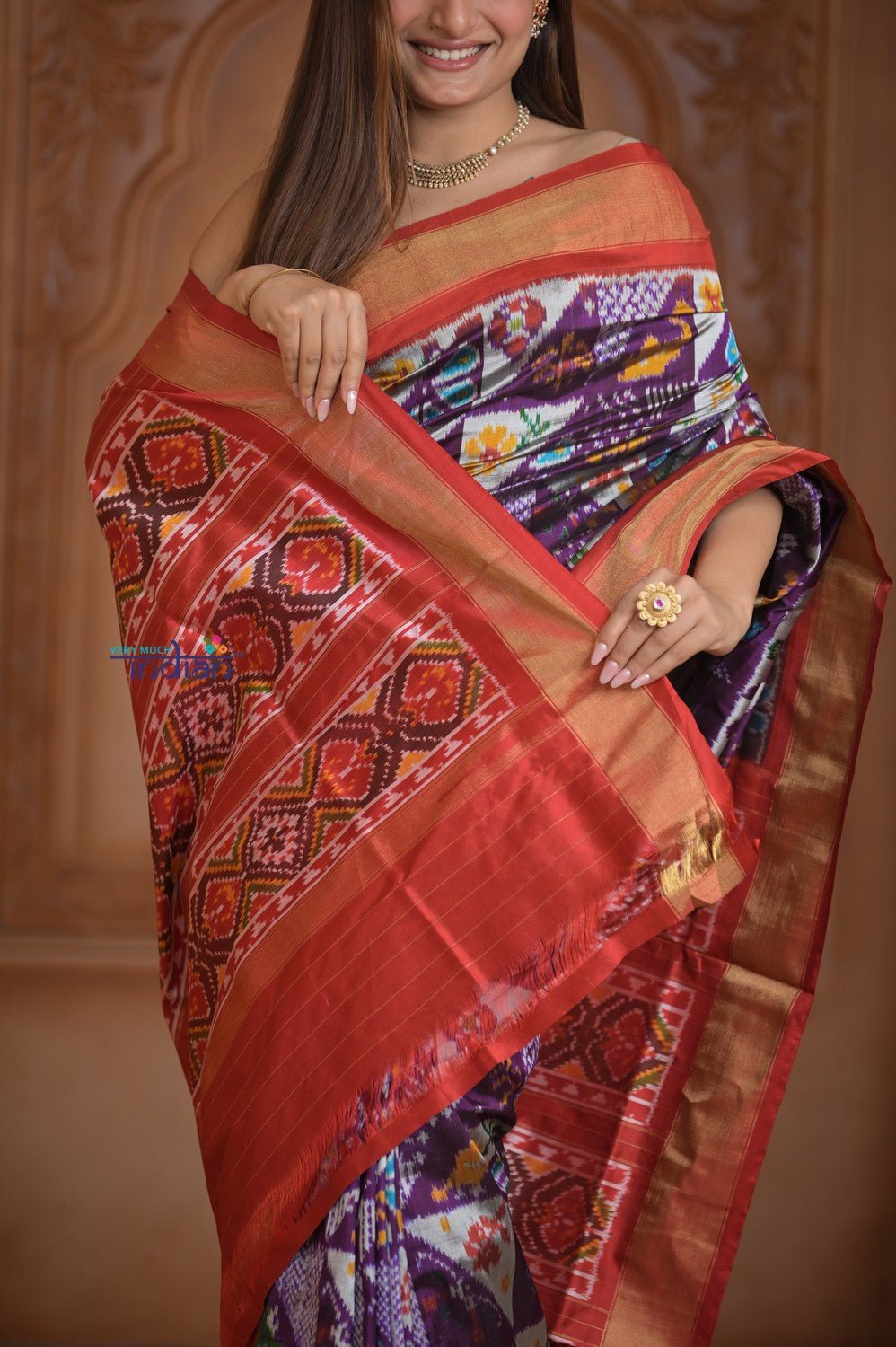 Shubh Lakshmi ~ Handloom Pure Silk Ikkat Patola Saree in Dark Purple and Red (Silk Mark Certified) - verymuchindian.com
