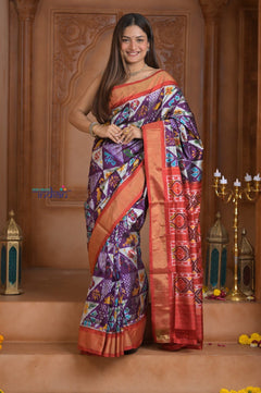 Shubh Lakshmi ~ Handloom Pure Silk Ikkat Patola Saree in Dark Purple and Red (Silk Mark Certified) - verymuchindian.com