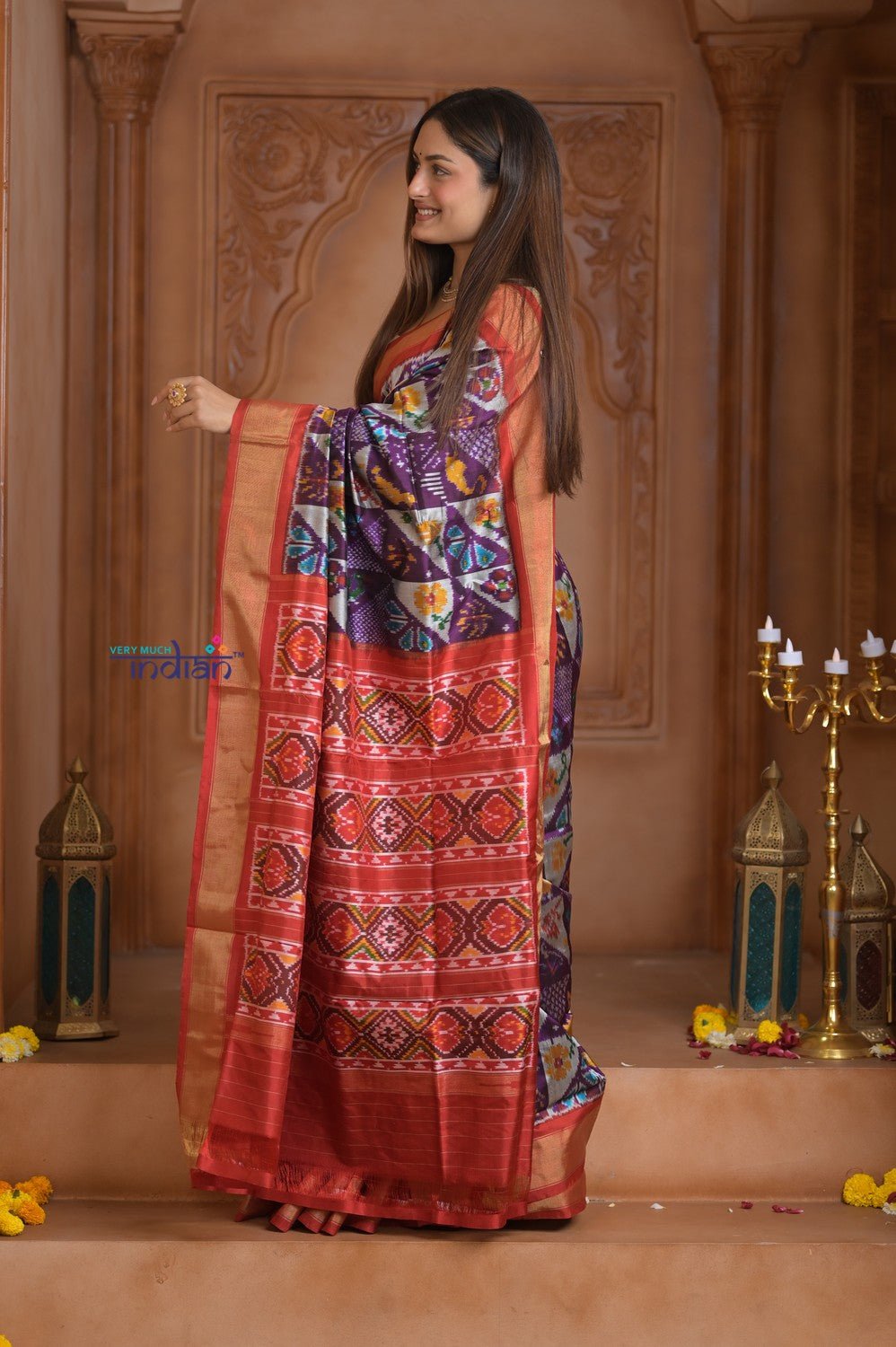 Shubh Lakshmi ~ Handloom Pure Silk Ikkat Patola Saree in Dark Purple and Red (Silk Mark Certified) - verymuchindian.com