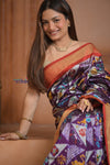 Shubh Lakshmi ~ Handloom Pure Silk Ikkat Patola Saree in Dark Purple and Red (Silk Mark Certified) - verymuchindian.com