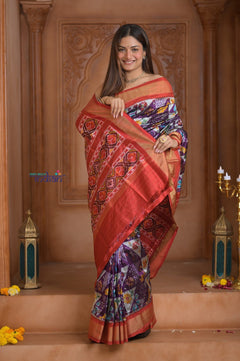 Shubh Lakshmi ~ Handloom Pure Silk Ikkat Patola Saree in Dark Purple and Red (Silk Mark Certified) - verymuchindian.com