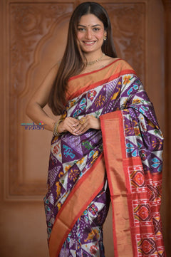 Shubh Lakshmi ~ Handloom Pure Silk Ikkat Patola Saree in Dark Purple and Red (Silk Mark Certified) - verymuchindian.com
