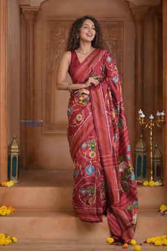 Shubh Lakshmi ~ Handloom Pure Silk Ikkat Patola Saree in Dark Red (Silk Mark Certified) - verymuchindian.com