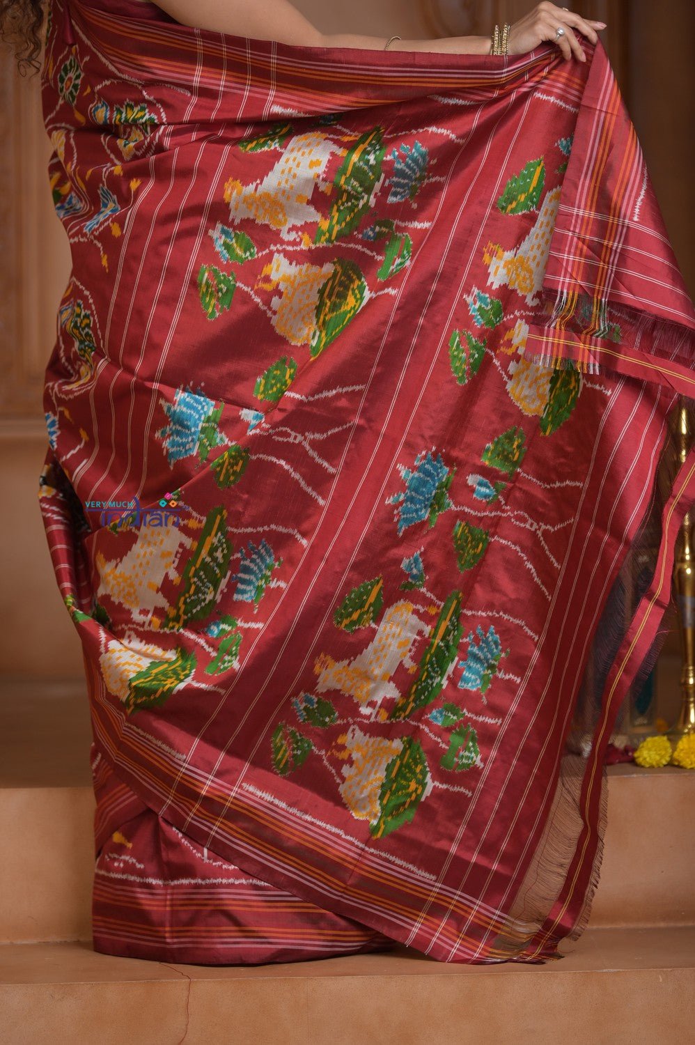 Shubh Lakshmi ~ Handloom Pure Silk Ikkat Patola Saree in Dark Red (Silk Mark Certified) - verymuchindian.com