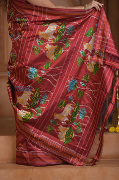 Shubh Lakshmi ~ Handloom Pure Silk Ikkat Patola Saree in Dark Red (Silk Mark Certified) - verymuchindian.com