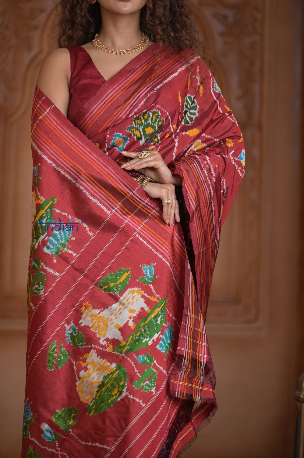 Shubh Lakshmi ~ Handloom Pure Silk Ikkat Patola Saree in Dark Red (Silk Mark Certified) - verymuchindian.com