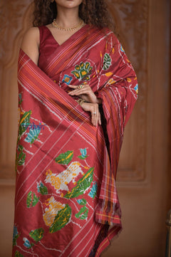 Shubh Lakshmi ~ Handloom Pure Silk Ikkat Patola Saree in Dark Red (Silk Mark Certified) - verymuchindian.com