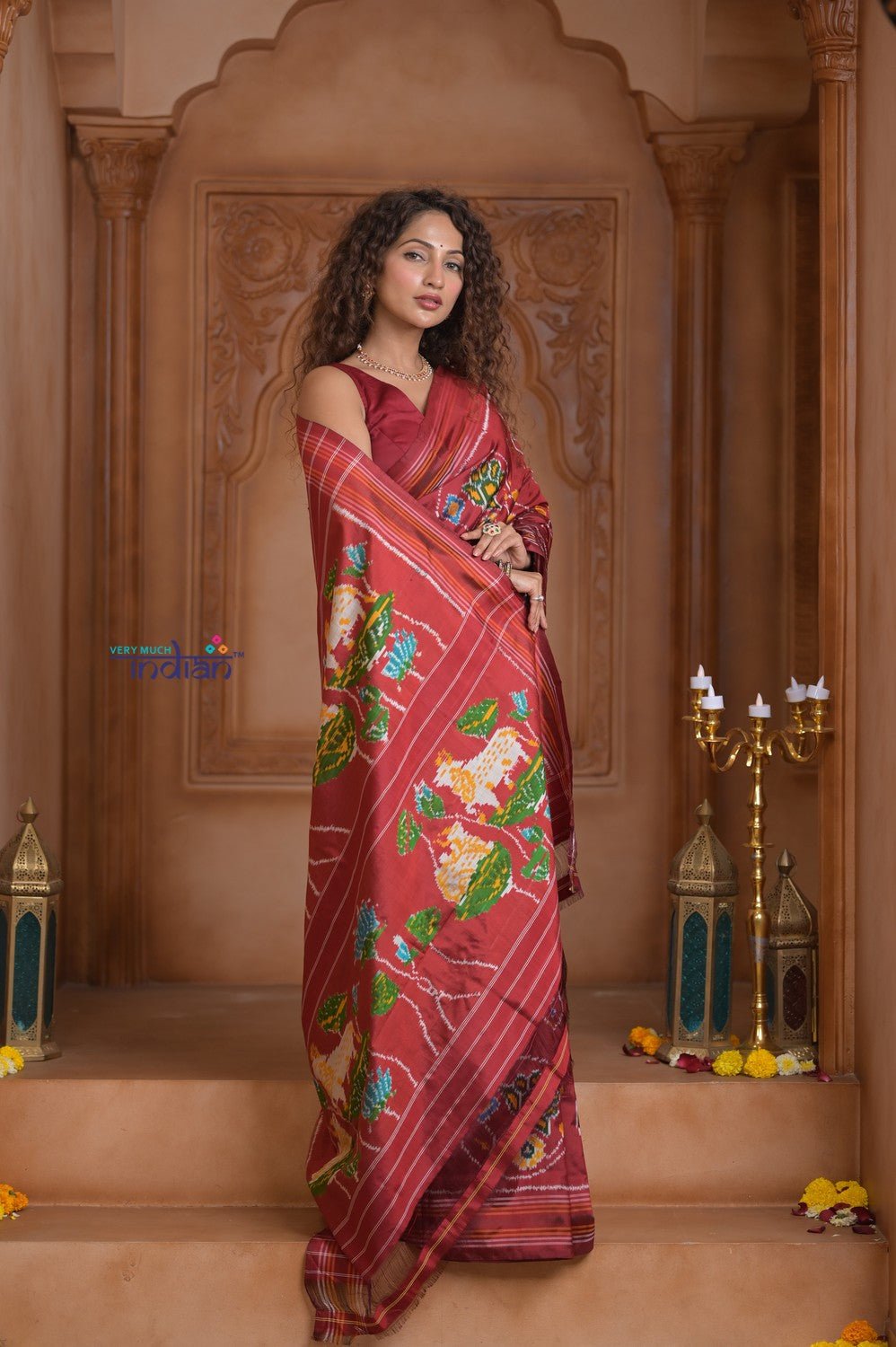 Shubh Lakshmi ~ Handloom Pure Silk Ikkat Patola Saree in Dark Red (Silk Mark Certified) - verymuchindian.com