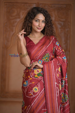 Shubh Lakshmi ~ Handloom Pure Silk Ikkat Patola Saree in Dark Red (Silk Mark Certified) - verymuchindian.com
