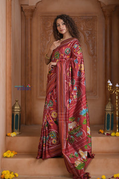 Shubh Lakshmi ~ Handloom Pure Silk Ikkat Patola Saree in Dark Red (Silk Mark Certified) - verymuchindian.com
