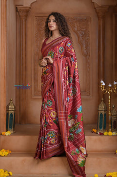 Shubh Lakshmi ~ Handloom Pure Silk Ikkat Patola Saree in Dark Red (Silk Mark Certified) - verymuchindian.com