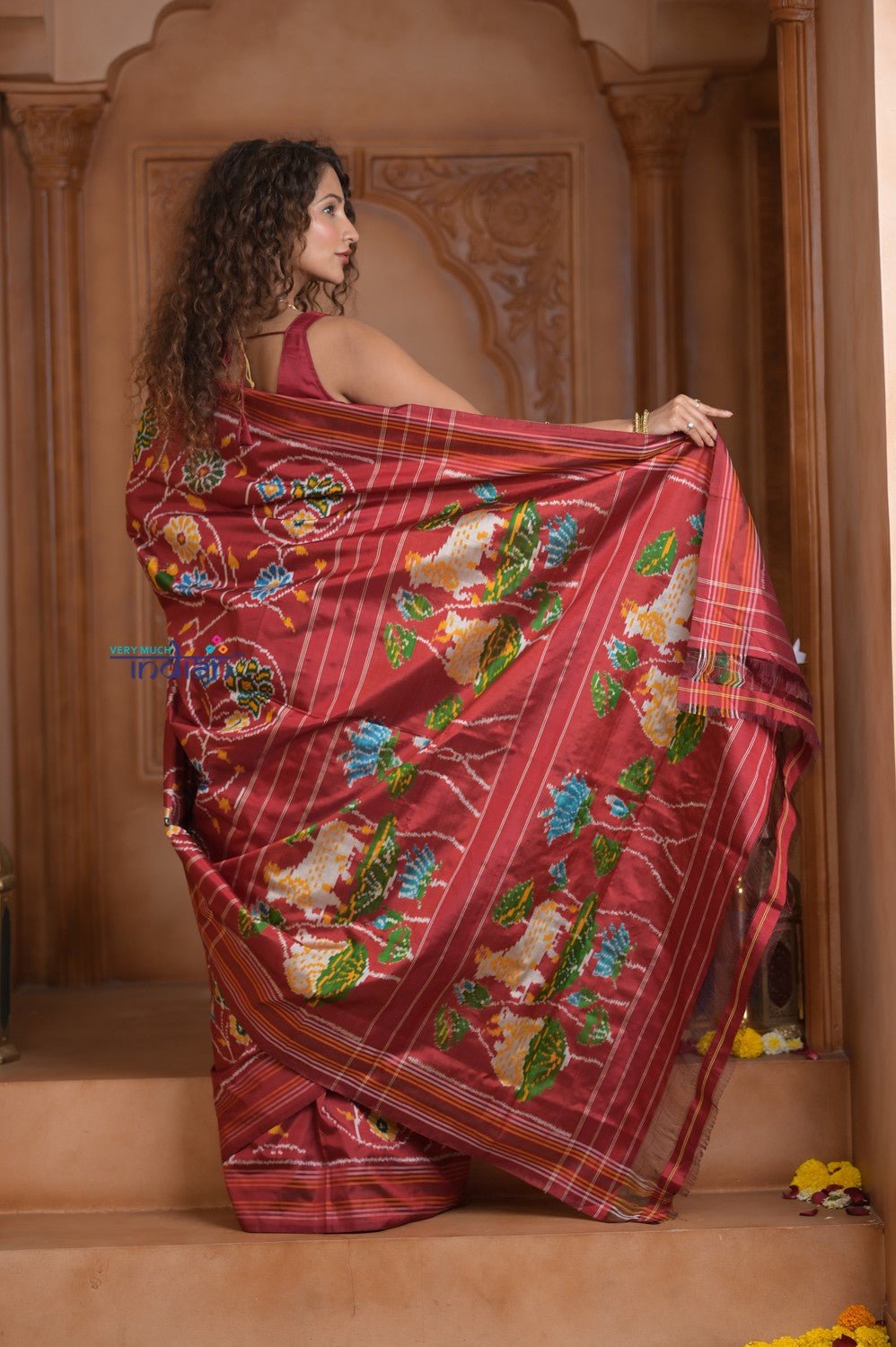 Shubh Lakshmi ~ Handloom Pure Silk Ikkat Patola Saree in Dark Red (Silk Mark Certified) - verymuchindian.com