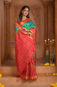 Shubh Lakshmi ~ Handloom Pure Silk Ikkat Patola Saree in Dual Tone Green and Red (Silk Mark Certified) - verymuchindian.com