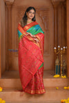 Shubh Lakshmi ~ Handloom Pure Silk Ikkat Patola Saree in Dual Tone Green and Red (Silk Mark Certified) - verymuchindian.com